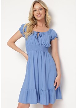 Niebieska Wiskozowa Sukienka z Gumkami w Pasie Ściągana przy Dekolcie z Falbanką Tiimamla ze sklepu Born2be Odzież w kategorii Sukienki - zdjęcie 172047362