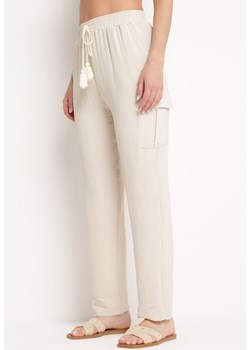 Jasnobeżowe Spodnie z Gumką w Pasie Ozdobione Troczkami Efista ze sklepu Born2be Odzież w kategorii Spodnie damskie - zdjęcie 172047411
