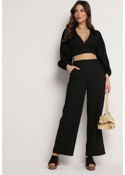 Czarne Szerokie Spodnie z Gumką w Talii z Lnem Araniells ze sklepu Born2be Odzież w kategorii Spodnie damskie - zdjęcie 172050993