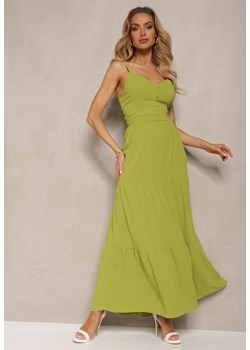 Zielona Sukienka na Ramiączkach z Regulacją z Gumką w Talii i Falbanką Faviara ze sklepu Renee odzież w kategorii Sukienki - zdjęcie 172051924