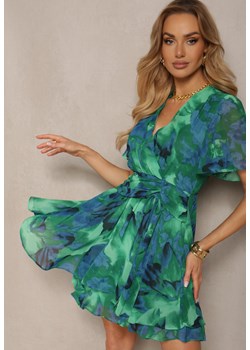 Zielono-Niebieska Sukienka o Rozkloszowanym Kroju z Gumką w Pasie i Dekoltem w Serek Sannesia ze sklepu Renee odzież w kategorii Sukienki - zdjęcie 172052151