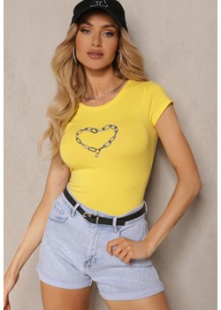 Żółty Koszulka T-shirt z Bawełny z Ozdobnym Nadrukiem Efita ze sklepu Renee odzież w kategorii Bluzki damskie - zdjęcie 172052253