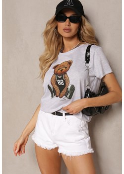 Jasnoszary T-shirt Koszulka z Krótkim Rękawem z Bawełny Ozdobiona Nadrukiem Xanest ze sklepu Renee odzież w kategorii Bluzki damskie - zdjęcie 172052263