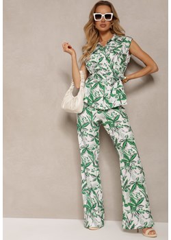 Zielono-Biały Komplet Szerokie Spodnie High Waist na Guziki z Paskiem Podkreślającym Talię Jinelia ze sklepu Renee odzież w kategorii Komplety i garnitury damskie - zdjęcie 172052293