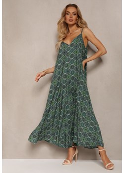 Zielona Sukienka z Wiskozy na Cienkich Ramiączkach z Dekoltem w Serek Oannessa ze sklepu Renee odzież w kategorii Sukienki - zdjęcie 172052453