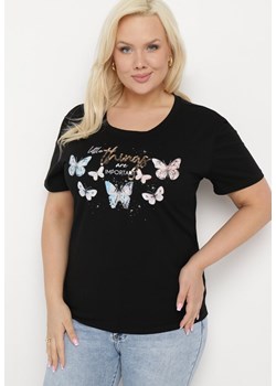 Czarny Bawełniany T-shirt Koszulka z Krótkim Rękawem z Nadrukiem i Cyrkoniami Qumara ze sklepu Born2be Odzież w kategorii Bluzki damskie - zdjęcie 172055861