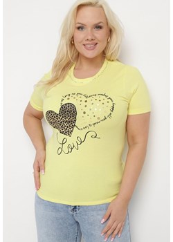 Żółty Bawełniany T-shirt Koszulka z Krótkim Rękawem Zdobiona Nadrukiem i Cyrkoniami Corila ze sklepu Born2be Odzież w kategorii Bluzki damskie - zdjęcie 172056113
