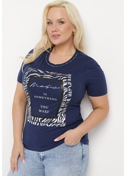 Granatowy Bawełniany T-shirt Koszulka z Krótkim Rękawem Ozdobiona Nadrukiem i Cyrkoniami Codara ze sklepu Born2be Odzież w kategorii Bluzki damskie - zdjęcie 172056123