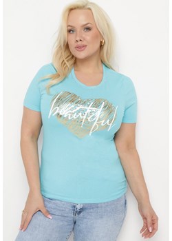 Jasnoniebieski T-shirt z Bawełny Ozdobiony Metalicznym Nadrukiem i Cyrkoniami przy Dekolcie Zanesti ze sklepu Born2be Odzież w kategorii Bluzki damskie - zdjęcie 172056150