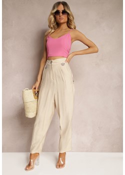 Beżowe Spodnie Typu High Waist Ozdobione Cyrkoniami Sajara ze sklepu Renee odzież w kategorii Spodnie damskie - zdjęcie 172056752