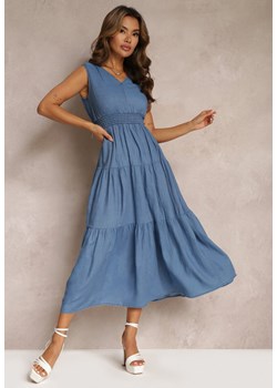 Niebieska Rozkloszowana Sukienka z Falbanką i Wiązaniem na Plecach Rawdyn ze sklepu Renee odzież w kategorii Sukienki - zdjęcie 172074703