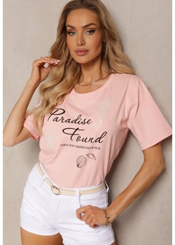 Jasnoróżowy Casualowy T-shirt z Bawełny z Nadrukiem i Perełkami Biolexa ze sklepu Renee odzież w kategorii Bluzki damskie - zdjęcie 172074810