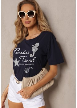 Granatowy Casualowy T-shirt z Bawełny z Nadrukiem i Perełkami Biolexa ze sklepu Renee odzież w kategorii Bluzki damskie - zdjęcie 172074820