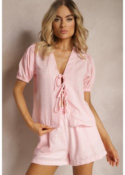 Różowy Komplet Koszula z Wiązaniem i Bufiastymi Rękawami Szorty z Gumką w Talii Lisacella ze sklepu Renee odzież w kategorii Komplety i garnitury damskie - zdjęcie 172074840