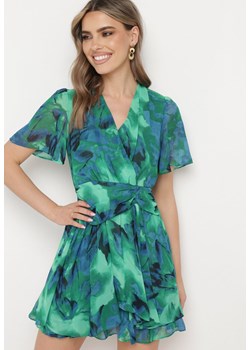 Zielono-Niebieska Rozkloszowana Sukienka z Kopertowym Dekoltem i Gumką w Talii Pannestra ze sklepu Born2be Odzież w kategorii Sukienki - zdjęcie 172083704