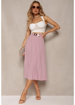 Różowa  Spódnica z Plisami High Waist z Paskiem i Metalową Ozdobą Ellveta ze sklepu Renee odzież w kategorii Spódnice - zdjęcie 172090004