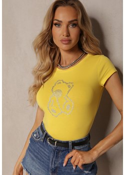 Żółty T-shirt z Bawełny z Aplikacją z Cyrkonii Fierana ze sklepu Renee odzież w kategorii Bluzki damskie - zdjęcie 172090440