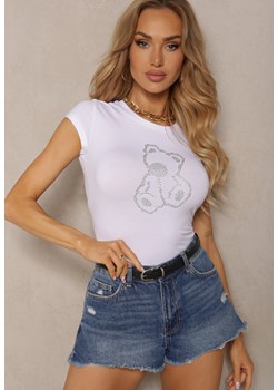 Biały T-shirt z Bawełny z Aplikacją z Cyrkonii Fierana ze sklepu Renee odzież w kategorii Bluzki damskie - zdjęcie 172090450