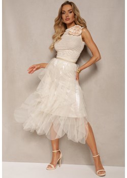 Beżowa Rozkloszowana Spódnica z Ozdobnym Tiulem Amolas ze sklepu Renee odzież w kategorii Spódnice - zdjęcie 172090483