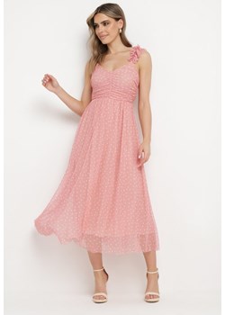 Jasnoróżowa Rozkloszowana Sukienka z Tiulem na Cienkich Ramiączkach z Gumką w Talii Mleara ze sklepu Born2be Odzież w kategorii Sukienki - zdjęcie 172090974