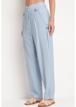 Niebieskie Spodnie z Wysokim Stanem i Cyrkoniami Uzilina ze sklepu Born2be Odzież w kategorii Spodnie damskie - zdjęcie 172091000