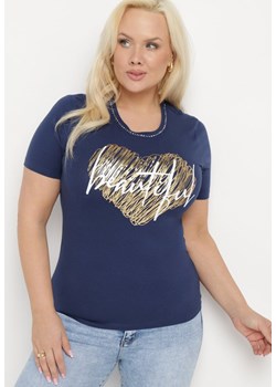 Granatowy T-shirt z Bawełny Ozdobiony Metalicznym Nadrukiem i Cyrkoniami przy Dekolcie Zanesti ze sklepu Born2be Odzież w kategorii Bluzki damskie - zdjęcie 172091043