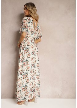 Beżowa Sukienka z Wiązaniem na Plecach z Krótkim Rękawem i Metaliczną Nicią Mleada ze sklepu Renee odzież w kategorii Sukienki - zdjęcie 172099292