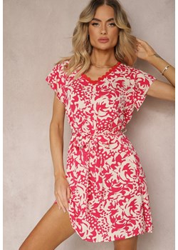 Czerwona Sukienka z Dekoltem z Siateczką z Krótkim Rękawem i Materiałowym Paskiem Mleasa ze sklepu Renee odzież w kategorii Sukienki - zdjęcie 172099310