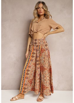 Beżowe Spodnie z Szerokimi Nogawkami Palazzo High Waist z Gumką w Talii Fiesa ze sklepu Renee odzież w kategorii Spodnie damskie - zdjęcie 172099410