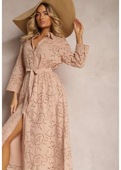 Ciemnobeżowa Bawełniana Sukienka Koszulowa z Koronki Zapinana na Guziki z Materiałowym Paskiem Clola ze sklepu Renee odzież w kategorii Sukienki - zdjęcie 172099480