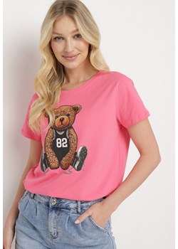 Różowy Bawełniany T-shirt z Ozdobnym Nadrukiem Wanestra ze sklepu Born2be Odzież w kategorii Bluzki damskie - zdjęcie 172102500