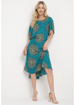 Niebieska Trapezowa Sukienka z Wiskozy z Krótkim Rękawem Wiązana w Pasie Joalla ze sklepu Born2be Odzież w kategorii Sukienki - zdjęcie 172102731