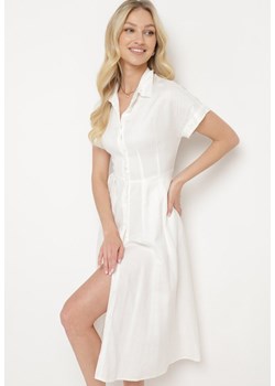 Biała Koszulowa Sukienka z Lnem i Wiskozą Ircilla ze sklepu Born2be Odzież w kategorii Sukienki - zdjęcie 172102780