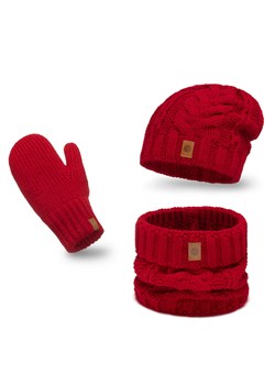 PaMaMi Zimowy komplet damski - Czapka, szalik i rękawiczki - Czerwony ze sklepu JK-Collection w kategorii Komplety czapka i szalik damskie - zdjęcie 172124870