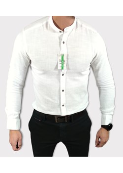 Koszula tkanina lniana grubsza  ze stójką slim fit biała ESP010  DM ze sklepu Moda Męska w kategorii Koszule męskie - zdjęcie 172129614