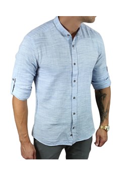 Koszula tkanina lniana grubsza  ze stójką slim fit błękitna ESP010  DM ze sklepu Moda Męska w kategorii Koszule męskie - zdjęcie 172129783