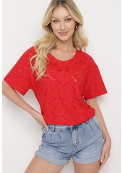 Czerwony Klasyczny Ażurowy T-shirt z Krótkim Rękawem Ninnia ze sklepu Born2be Odzież w kategorii Bluzki damskie - zdjęcie 172132910