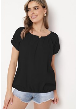 Czarny Bawełniany T-shirt z Ozdobą przy Dekolcie i Obszyty Gumką Gazara ze sklepu Born2be Odzież w kategorii Bluzki damskie - zdjęcie 172146660