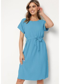 Niebieska Sukienka z Krótkim Rękawem i Materiałowym Paskiem Ellata ze sklepu Born2be Odzież w kategorii Sukienki - zdjęcie 172146721