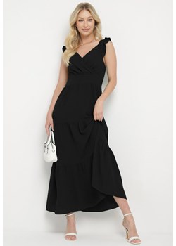 Czarna Sukienka na Ramiączkach z Falbanką z Kopertowym Dekoltem i Gumkami w Talii Gaveta ze sklepu Born2be Odzież w kategorii Sukienki - zdjęcie 172146763