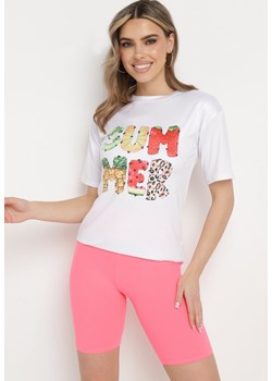 Różowo-Biały  Komplet  z T-shirtem i Szortami Typu Kolarki Tiimavee ze sklepu Born2be Odzież w kategorii Komplety i garnitury damskie - zdjęcie 172147222