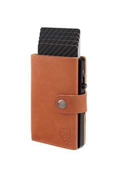Skórzany portfel męski z kieszenią na bilon oraz aluminiowym etui z wysuwanymi kartami (brązowy) ze sklepu Koruma ID Protection w kategorii Portfele męskie - zdjęcie 172150501