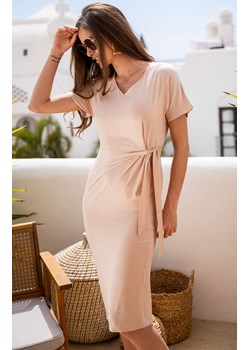 Sukienka midi z krótkim rękawem beżowa A641, Kolor beżowy, Rozmiar L, Awama ze sklepu Primodo w kategorii Sukienki - zdjęcie 172157130