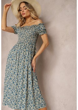 Niebieska Wiskozowa Sukienka w Kwiaty z Gumką w Talii i Marszczonym Dekoltem Poppysun ze sklepu Renee odzież w kategorii Sukienki - zdjęcie 172164091