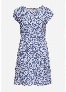 Niebieska Sukienka w Kwiaty z Gumką w Pasie i Krótkim Rękawem Basemia ze sklepu Born2be Odzież w kategorii Sukienki - zdjęcie 172177233