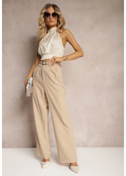 Beżowe Garniturowe Spodnie High Waist z Gumką w Talii Oziara ze sklepu Renee odzież w kategorii Spodnie damskie - zdjęcie 172195001