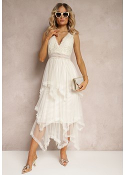 Beżowa Asymetryczna Sukienka Kopertowa z Wiązaniem na Plecach Driolla ze sklepu Renee odzież w kategorii Sukienki - zdjęcie 172195014