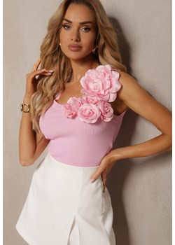 Różowy Top z Kwiecistą Aplikacją przy Dekolcie Ustalia ze sklepu Renee odzież w kategorii Bluzki damskie - zdjęcie 172195104