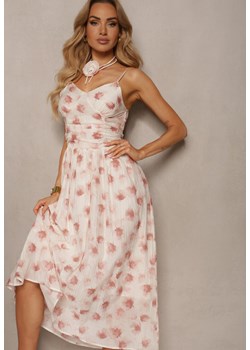 Różowo-Beżowa Sukienka z Chokerem z Kwiatem o Rozkloszowanym Kroju na Ramiączkach Kremeria ze sklepu Renee odzież w kategorii Sukienki - zdjęcie 172195134