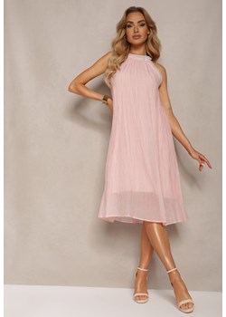 Różowa Koktajlowa Sukienka bez Rękawów z Ozdobnymi Perełkami i Falbankami Hilalia ze sklepu Renee odzież w kategorii Sukienki - zdjęcie 172197922